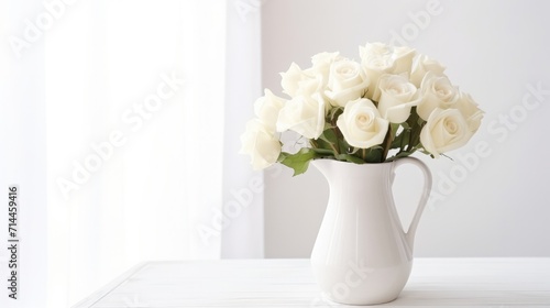 white roses in white jug in bedroom © Eyepain