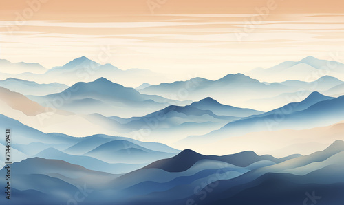 Watercolor painting of mountain shapes at dusk / sunrise / sunset pastel colors background backdrop