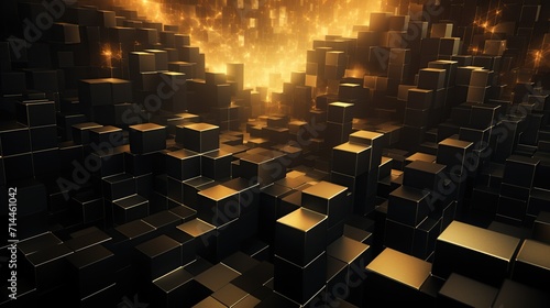 Abstract background with golden glowing squares in space.