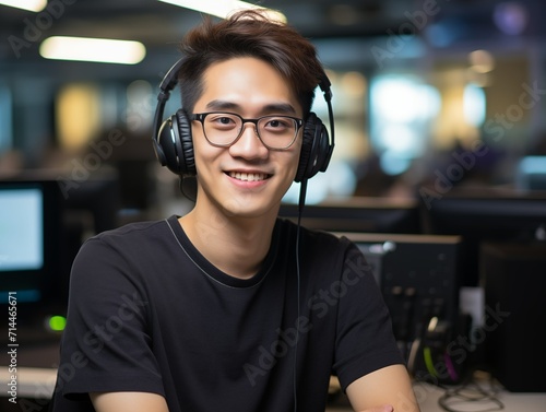 Portrait of young asian man working at computer desk in office