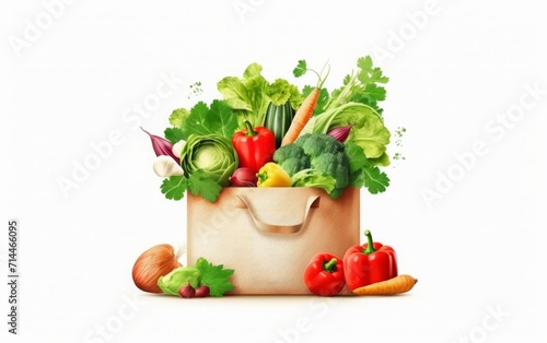 The depiction highlights the conveyance of wholesome cuisine, specifically focusing on vegan and vegetarian selections, displayed in a paper bag against a white backdrop.