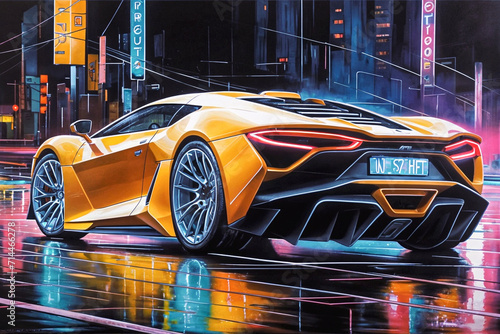 futuristic sport car neon oil painting 