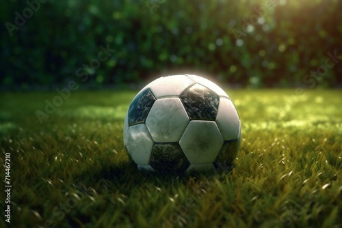 A 3D render of a soccer ball on a field, depicting the idea of playing football. Generative AI © Kamila