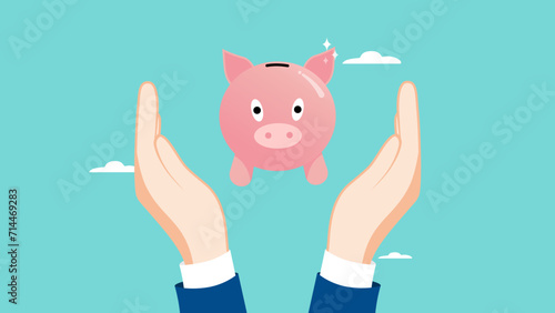 saving money, investment management, Mutual fund or growing investment, wealth profit growth, savings or wealth management, businessman show his piggy bank and golden coin concept vector illustration