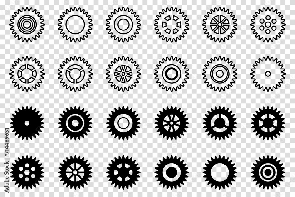 Gears icon set. Setting gears icon. Collection of mechanical cogwheels. Vector illustration with black silhouettes sprocket icons or signs design element. Transparent isolated background. - obrazy, fototapety, plakaty 