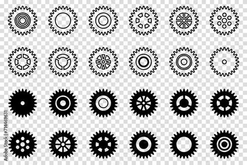 Gears icon set. Setting gears icon. Collection of mechanical cogwheels. Vector illustration with black silhouettes sprocket icons or signs design element. Transparent isolated background.