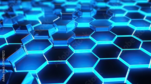 A background with neon blue hexagons arranged in a grid pattern with a neon glow effect and a lens flare
