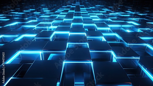 A background with neon blue squares arranged in a grid pattern with a 3d effect and a parallax scroll photo