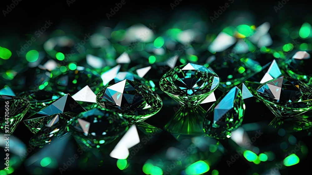 A background with neon green diamonds arranged in a random pattern with a motion blur effect and a light streak - obrazy, fototapety, plakaty 