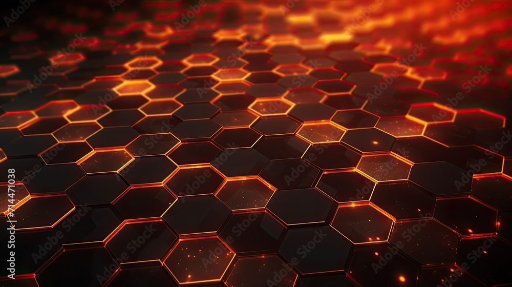 A background with neon orange hexagons arranged in a repeating pattern with a chromatic aberration effect and a film grain A background with neon orange hexagons arranged in a repeating pattern with a chromatic aberration effect and a film grain