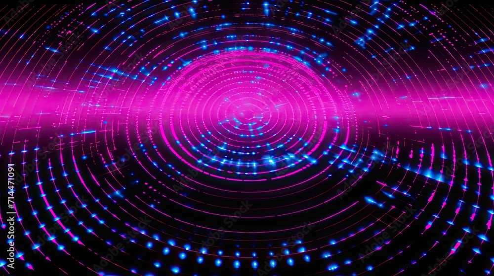 A background with neon pink circles arranged in a grid pattern with a glitch effect and a digital noise