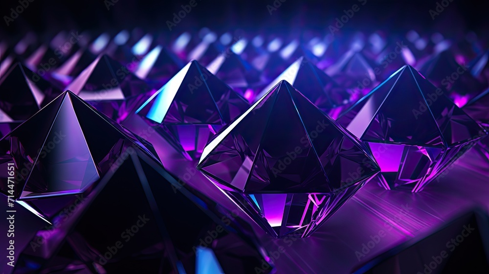 A background with neon purple diamonds arranged in a repeating pattern with a chromatic aberration effect and a film grain - obrazy, fototapety, plakaty 