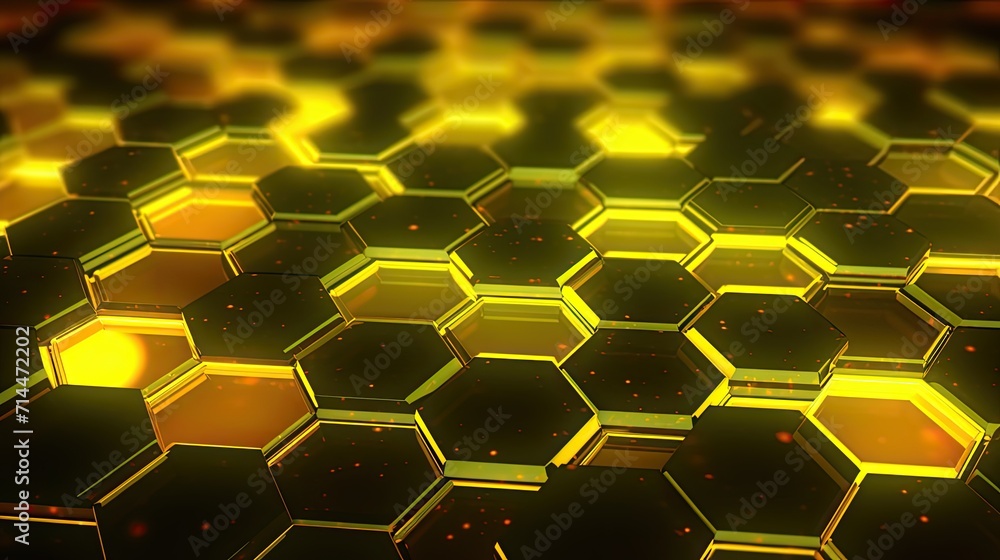 A background with neon yellow hexagons arranged in a grid pattern with a chromatic aberration effect and a film grain A background with neon yellow hexagons arranged in a grid pattern with a chromatic aberration effect and a film grain