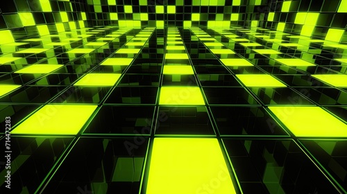 A background with neon yellow squares arranged in a grid pattern with a distortion effect and a reflection