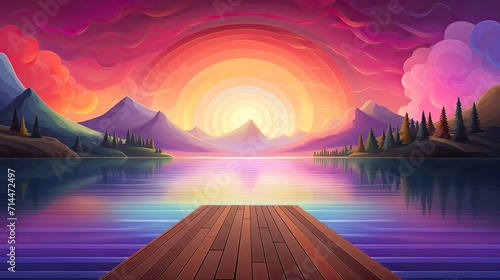 A colorful abstract design with intersecting shapes and a gradient background 90 a tranquil lake with a wooden dock and a view of the mountains in the background photo