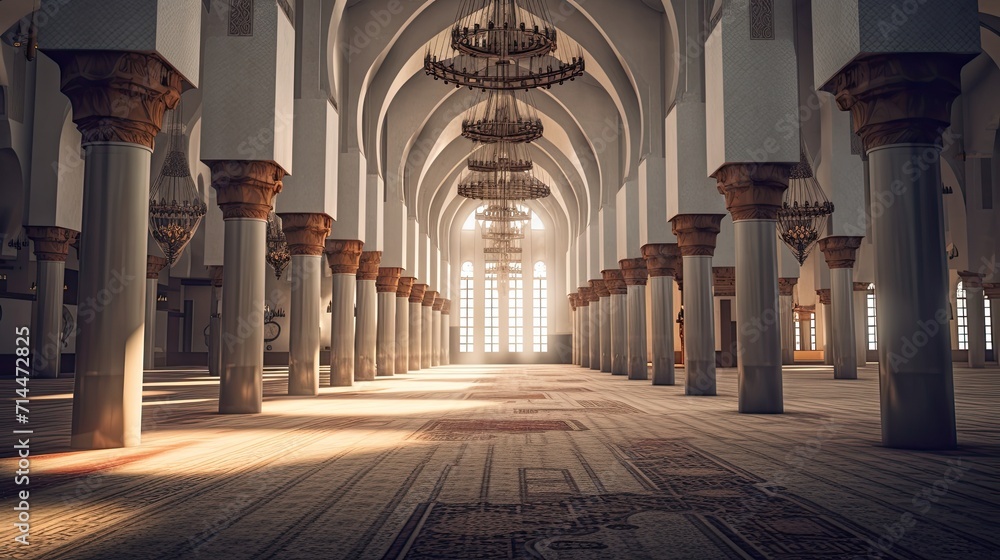 Beautiful Islamic Holy Mosque with golden lights and islamic decorative lamps