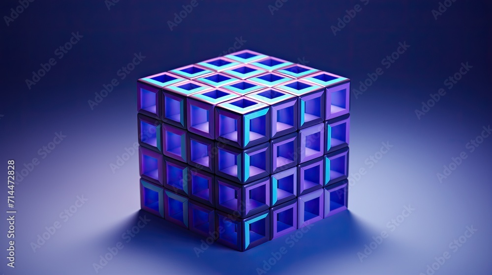 A cube with a circular pattern in shades of blue and purple A cube with a circular pattern in shades of blue and purple
