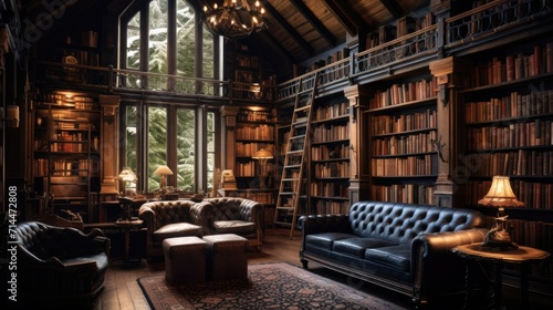 A cozy library with shelves of books and comfortable armchairs photo