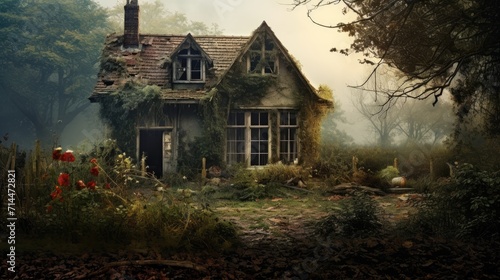 A creepy abandoned house with broken windows and overgrown weeds photo