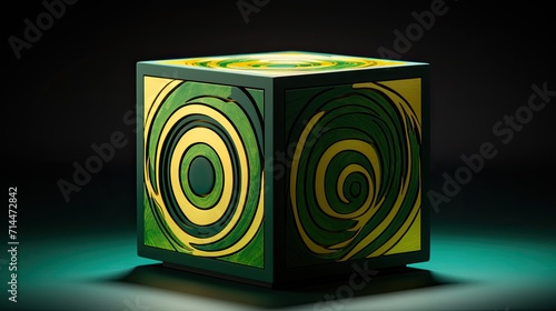 A cube with a circular pattern in shades of green and yellow