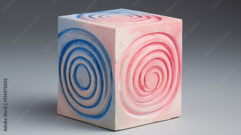 A cube with a spiral pattern in shades of pink and blue A cube with a spiral pattern in shades of pink and blue