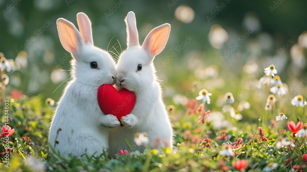 Rabbit holding a heart, magical surreal garden background. Birthday anniversary holiday festive season greeting card, fantasy landscape. Funny cute pet wildlife animal character 3d trendy digital art. Rabbit holding a heart, magical surreal garden background. Birthday anniversary holiday festive season greeting card, fantasy landscape. Funny cute pet wildlife animal character 3d trendy digital art.