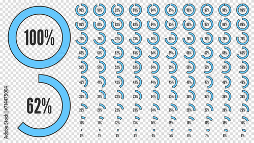 Set of icon for infographic. Big percent collection for user interface UI or business infographic. Percentage circle diagrams from 0 to 100. Black and blue shapes. Vector illustration. Transparent bg