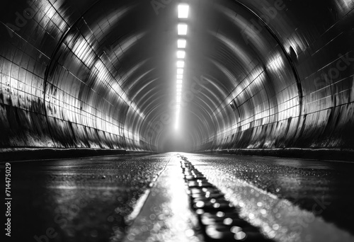A ground's eye view of a tunnel with electric lights and paved road, generative ai