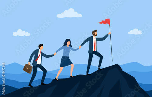 Group of businesspeople climb the mountain. The metaphor of success in business, career, teamwork, progress, leadership, cooperation.