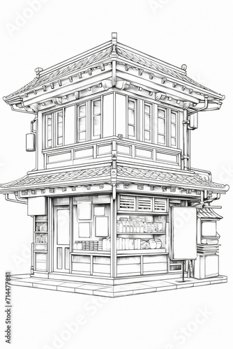 Coloring book  vintage of ramen shop in Japan.  on a white background 