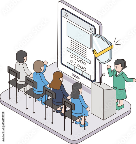 社内でスマホのセキュリティ講習を行う講師と生徒のアイソメイラスト