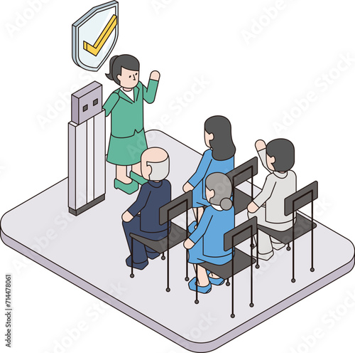 USBのセキュリティ講習を受ける会社員と講師のアイソメイラスト