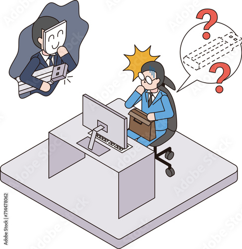 社外に大切な情報が入ったUSBを忘れた会社員と悪用を企む犯罪者のアイソメイラスト