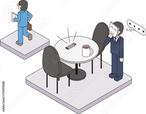 社外に大切な情報が入ったUSBを忘れた会社員と悪用を企む犯罪者のアイソメイラスト