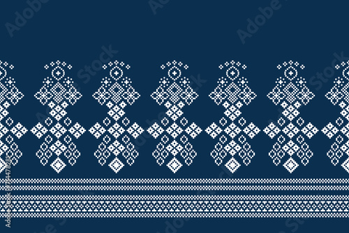 Ethnic geometric fabric pattern Cross Stitch.Ikat embroidery Ethnic oriental Pixel pattern navy blue background. Abstract,vector,illustration. Texture,clothing,scarf,decoration,motifs,silk wallpaper.