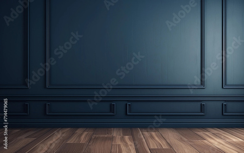Navy blue classic wall mock up with copy space in modern style with brown floor