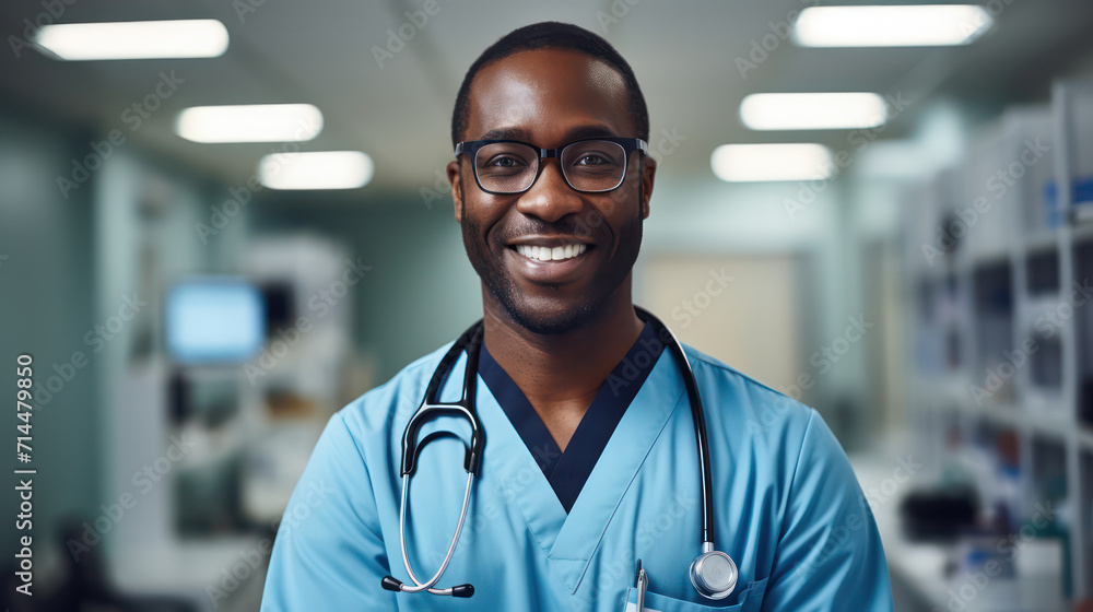 A friendly and professional doctor smiling confidently in a well-equipped medical office setting A friendly and professional doctor smiling confidently in a well-equipped medical office setting
