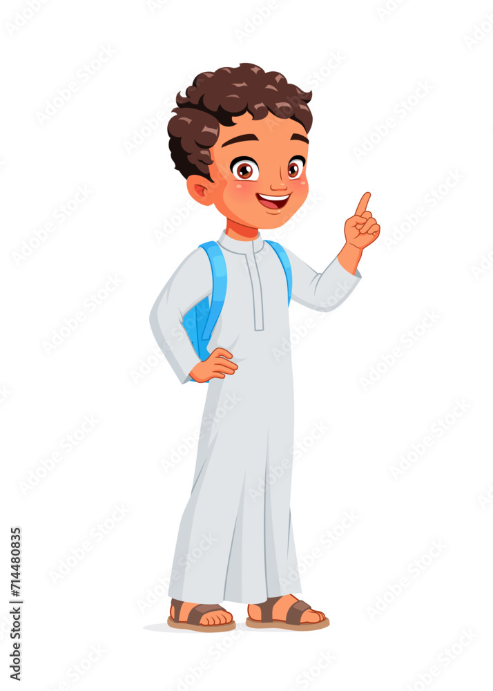 Cute Arab school boy index finger pointing up with idea. Cartoon vector illustration. Cute Arab school boy index finger pointing up with idea. Cartoon vector illustration.