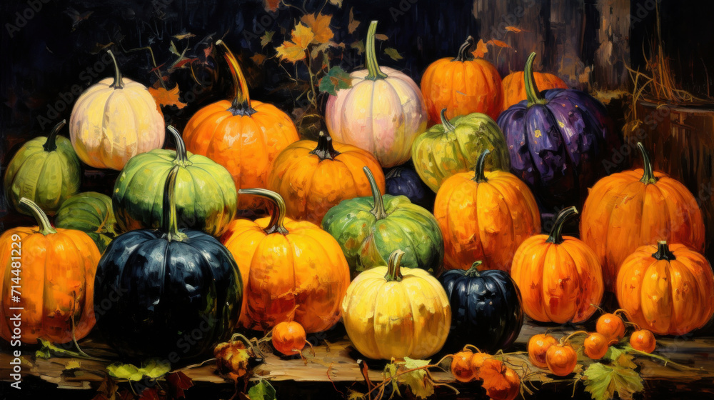 A vibrant painting showcasing an assortment of pumpkins and autumn leaves, evoking the essence of fall harvest.