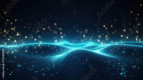 Digital illustration of blue light waves with glittering particles on a dark background, depicting energy and motion.
