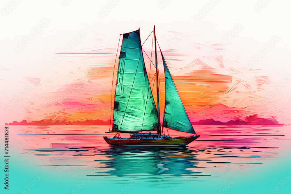 A stunning watercolor painting depicting a sailboat gracefully navigating the ocean waters as the sun sets, casting a vivid array of oranges, yellows, blues, and purples across the horizon.