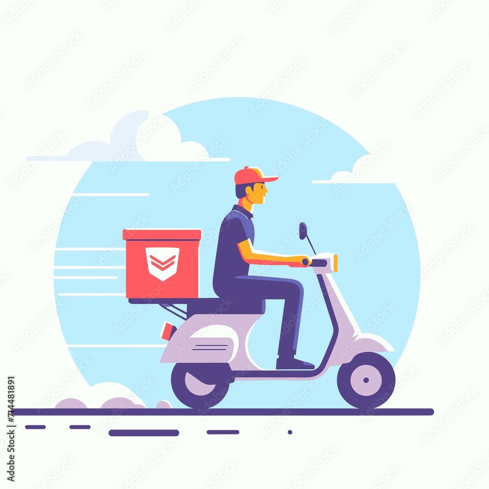 delivery guy  on a motorbike scooter, delivery man riding a motorcycle, flat style vector illustration