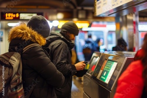 Commuters purchasing tickets at subway station machines photo