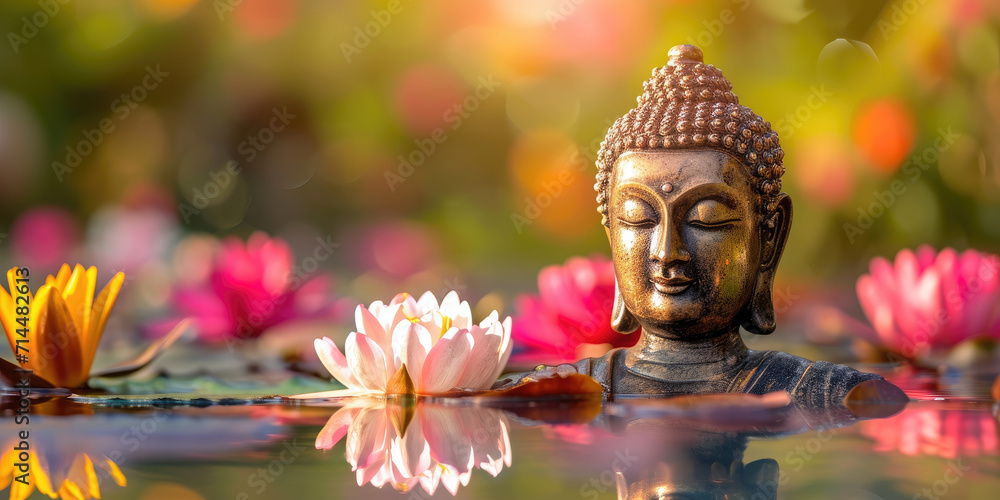 golden buddha face on glowing lotus in nature background, many colorful flowers