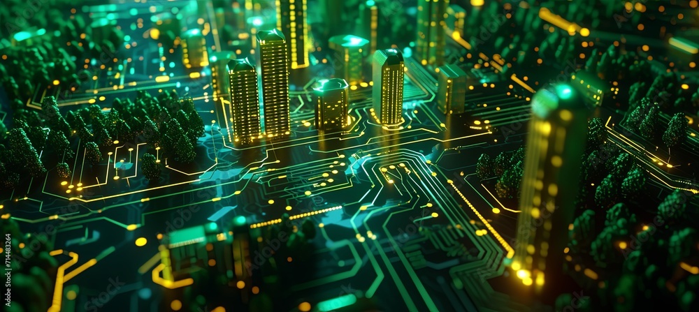 lighted electrical circuit board showing trees and cities lighted electrical circuit board showing trees and cities