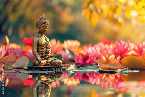 golden buddha sits on glowing lotus in nature background  many colorful flowers