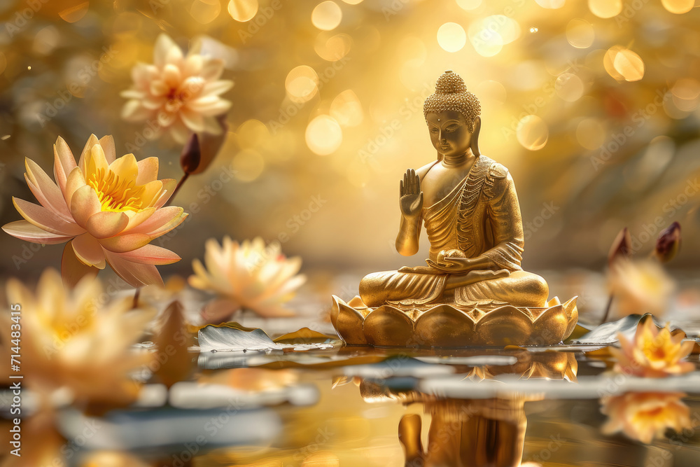 golden buddha sits on glowing lotus in nature background, many colorful flowers