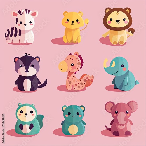 Vector Illustration fo Cute Animals Isolated on Pink Background