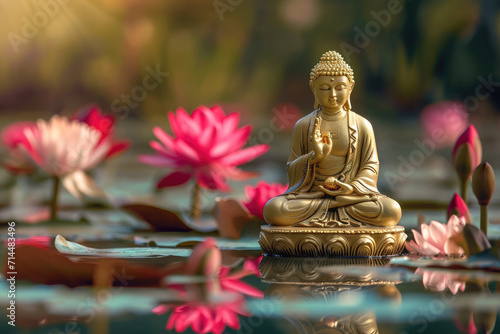 golden buddha sits on glowing lotus in nature background  many colorful flowers