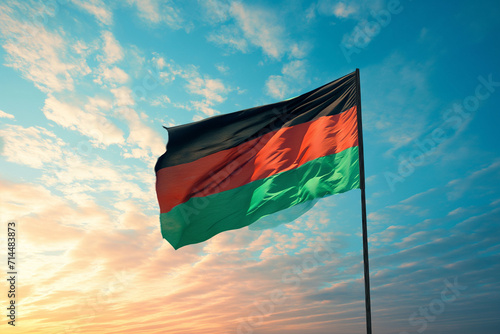 A silk flag with red, black, and green hues representing an African nation, fluttering in the wind against a sky background, likely for a national holiday or cultural celebration. © Ash